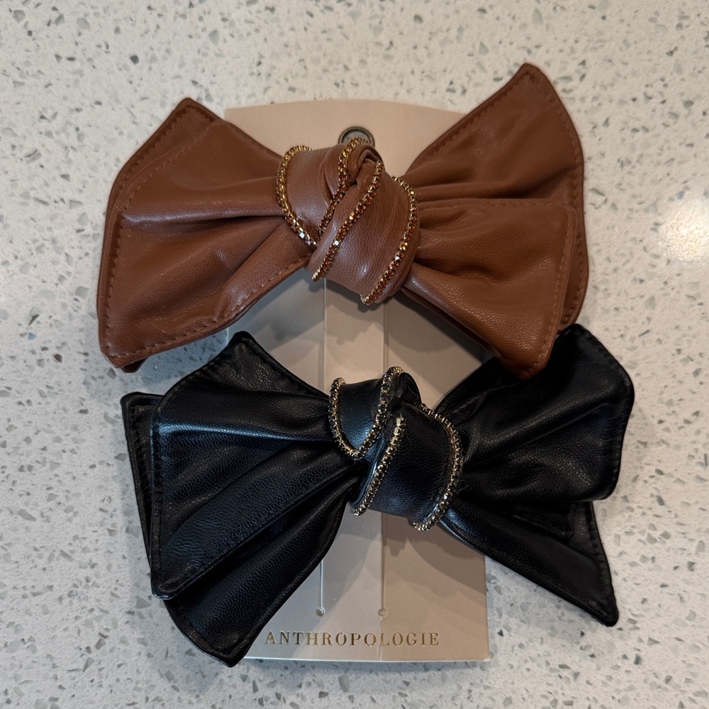 Anthropologie Faux Leather Bow Hair Barrettes, Set of 2